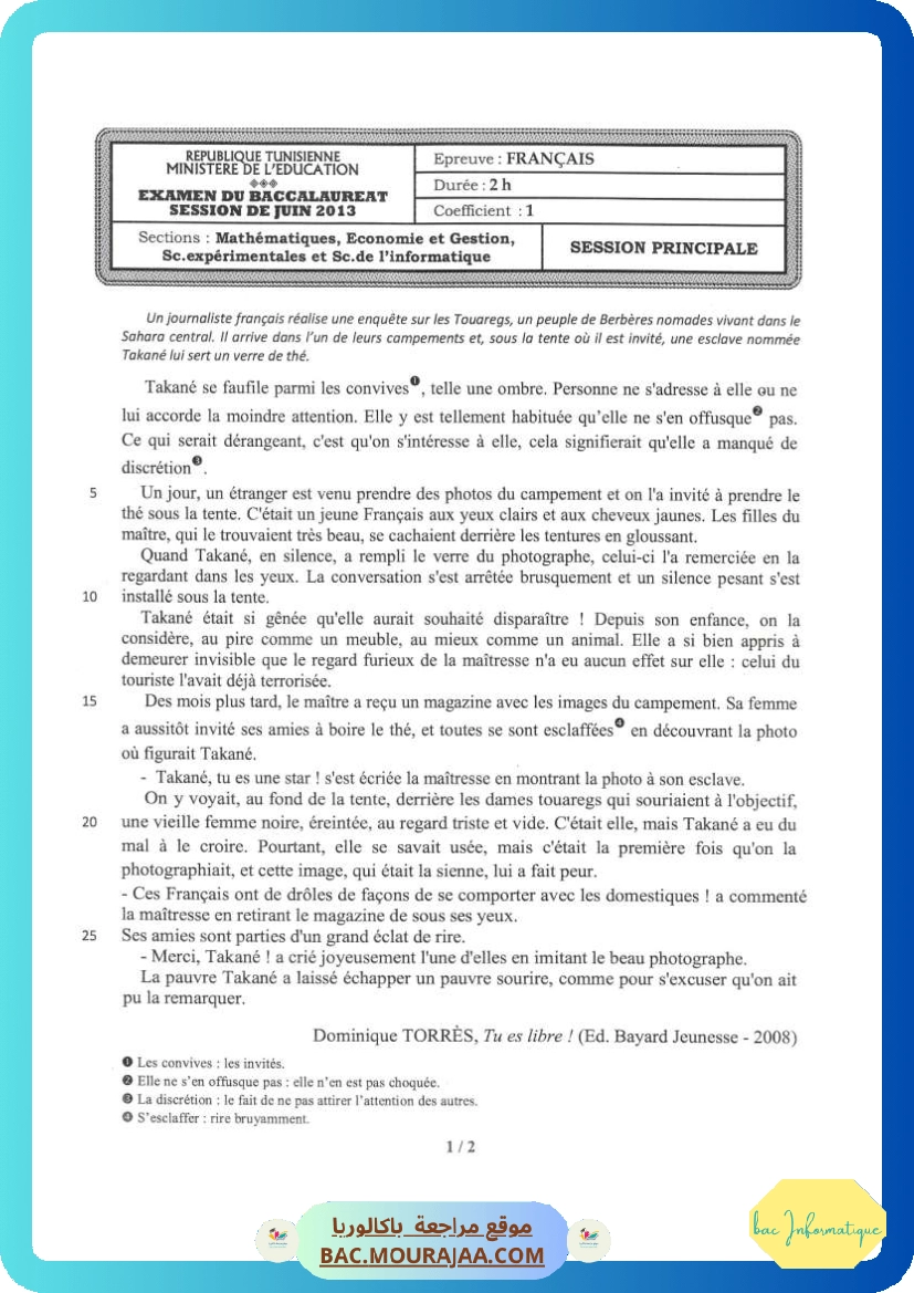 Sujet principale francais Bac 2013 – Section info